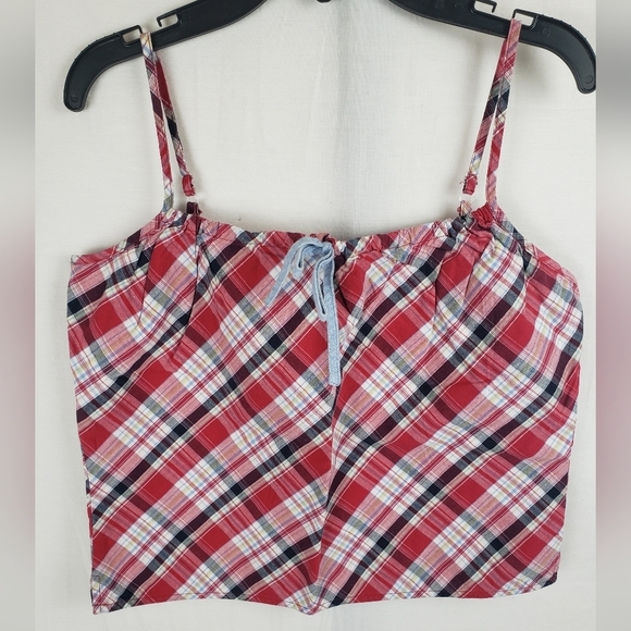 OCI Red Multicolored Spagetti Strap Cotton Cropped Shirt Sz M - Picture 2 of 9